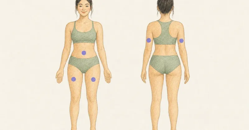 Front and back body outlines marked on abdomen, thighs, and backs of upper arms.