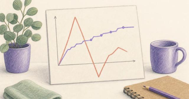 A line chart contrasting a sharp dip with a slow, steady rise.