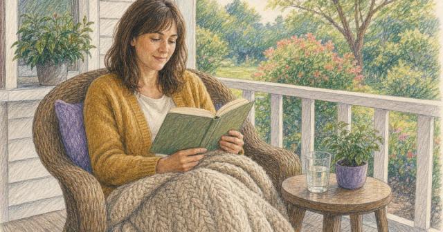 Woman wrapped in a blanket reading in a wicker armchair on a porch, water glass beside her