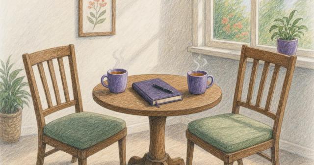 Two chairs facing each other with two teas and a journal between them