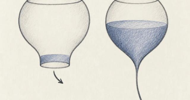 Hand-drawn diagram of two vessels, one with an open outlet and one narrowed with contents pooling