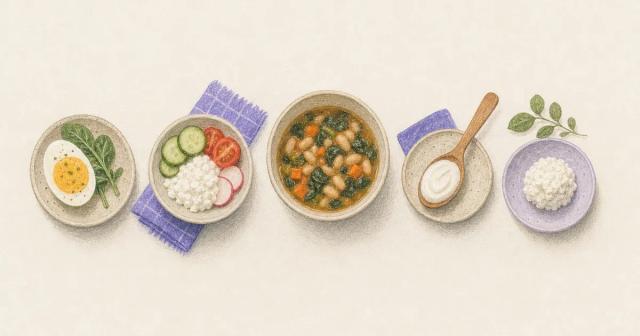 A sequence of small plates through the day, each with a protein-rich food.