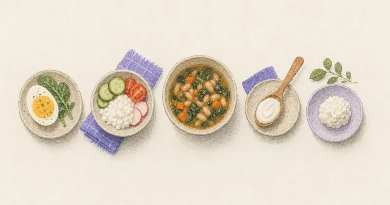 A sequence of small plates through the day, each with a protein-rich food.