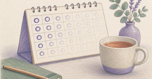 Paper calendar with marks fading week by week beside a cup of tea.