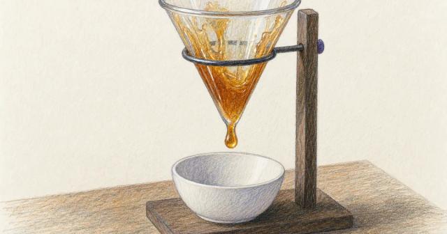 Glass funnel of thick honey with one slow droplet hanging above an empty white bowl