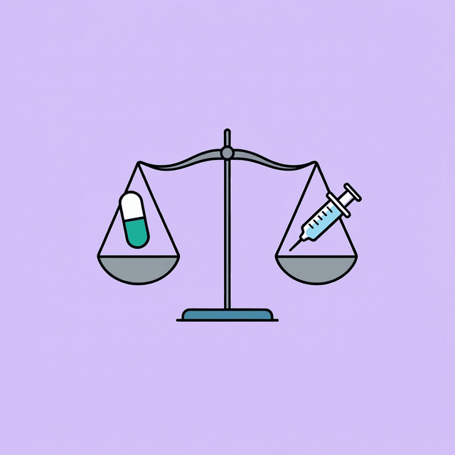 Balance scale comparing Wegovy pill on left side versus Wegovy injection on right side