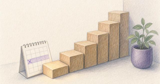 Ascending wooden step blocks with the lowest highlighted and a small calendar card