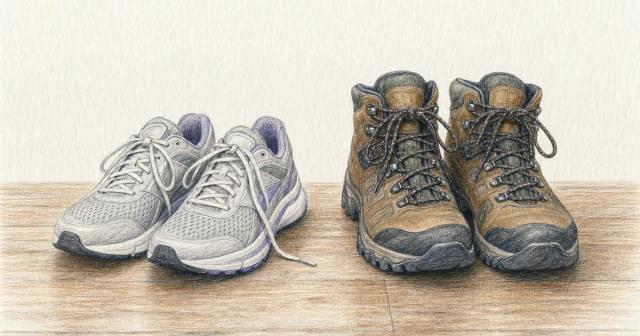 Empty running trainers placed beside sturdy hiking boots on a plain wooden floor