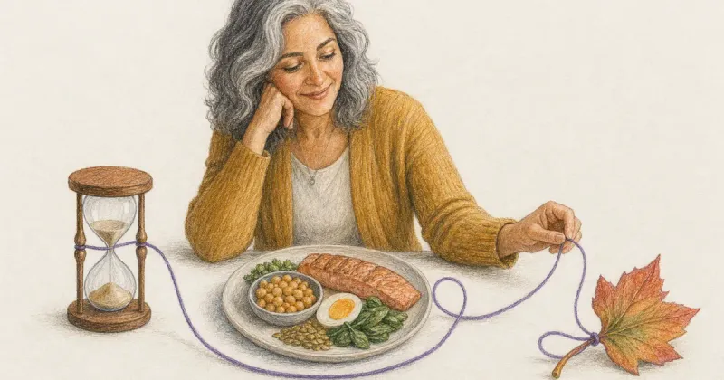 Hourglass, a plate of food, and a leaf connected by a single winding thread