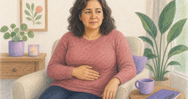 Woman seated with a hand resting gently over her unsettled stomach