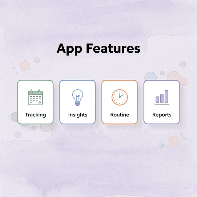 Four key app features displayed as cards