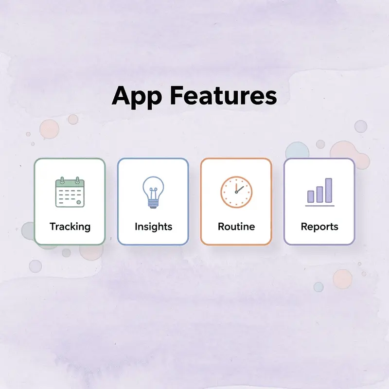 Four key app features displayed as cards