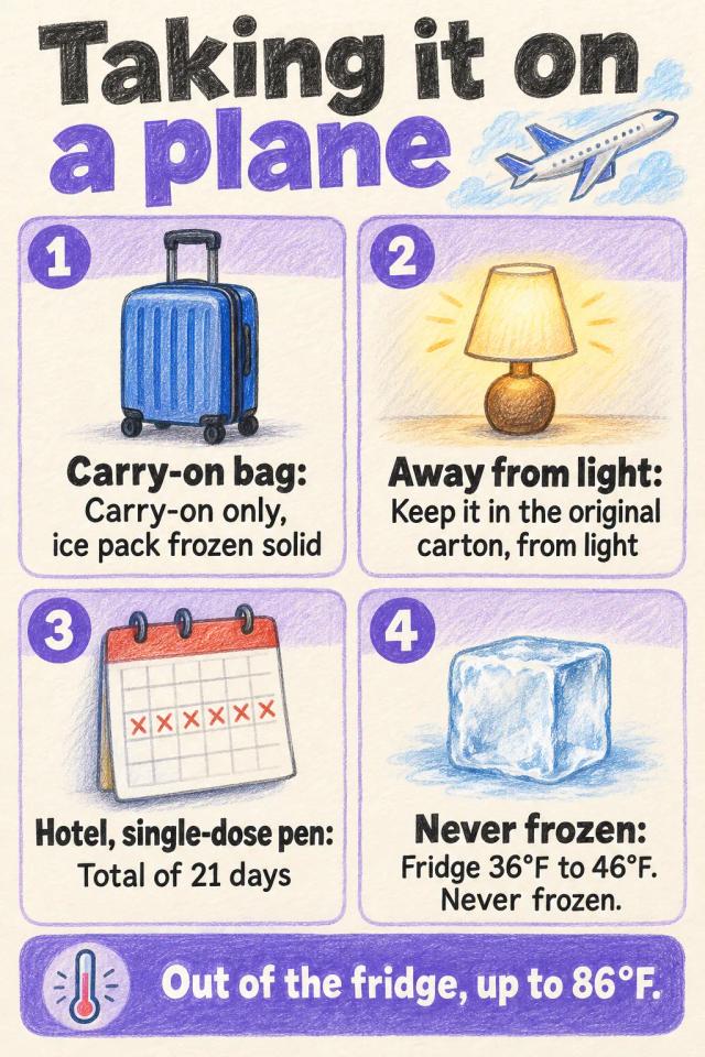 Travel checklist: carry-on, ice pack frozen solid, keep it dark, and the room-temperature day limit.