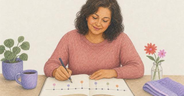 Open journal showing a personal timeline of dots and marks