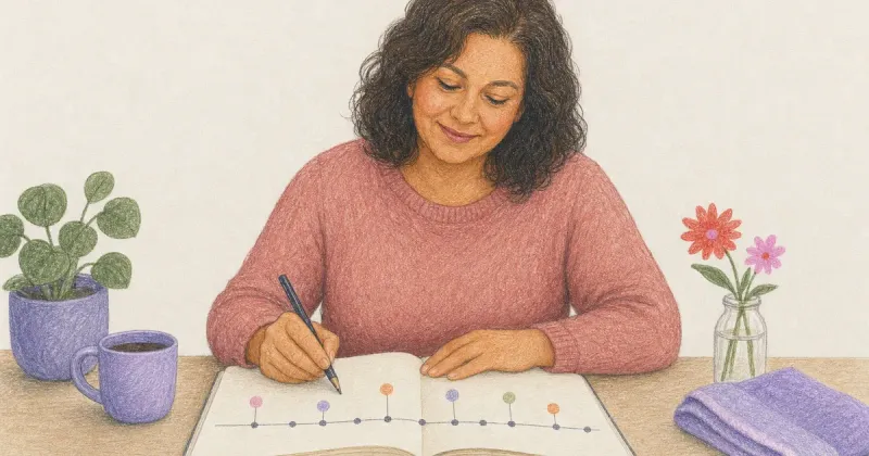Open journal showing a personal timeline of dots and marks