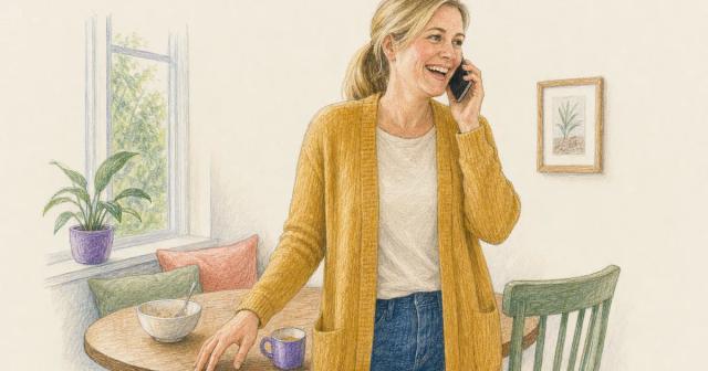 Woman standing at a sunlit breakfast table, talking warmly on the phone beside a finished breakfast bowl