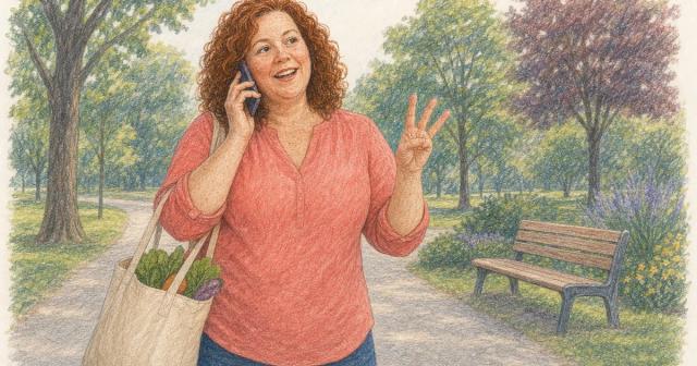 Woman standing on a park path talking on the phone and gesturing while she explains something