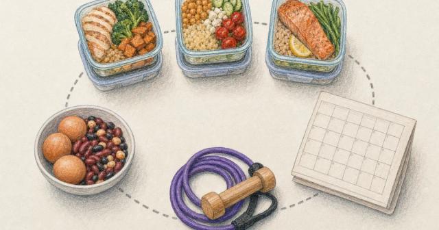 Overhead view of meal containers, eggs, a resistance band and a blank calendar grid on a counter