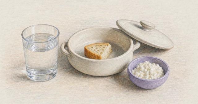A lidded dish opened to reveal one small portion of bread beside water and cottage cheese