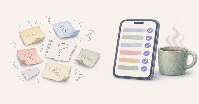 Scattered handwritten notes beside a phone with a neat checked list — memory versus tracking