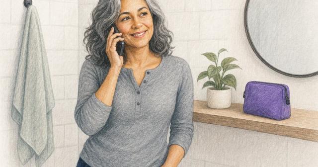 Woman on the phone smiling in a spare bright bathroom