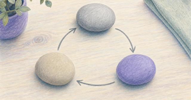 Three stones in a triangle with a looping arrow suggesting rotation