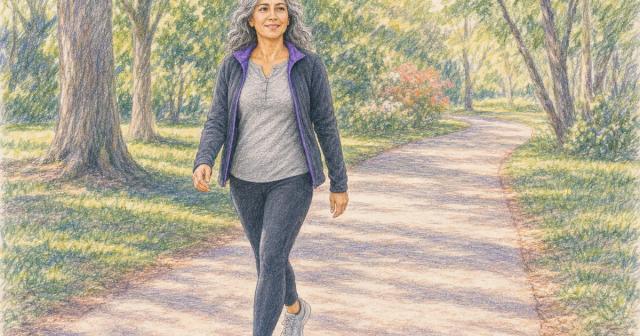 Woman walking on a curving sunlit park path, full length