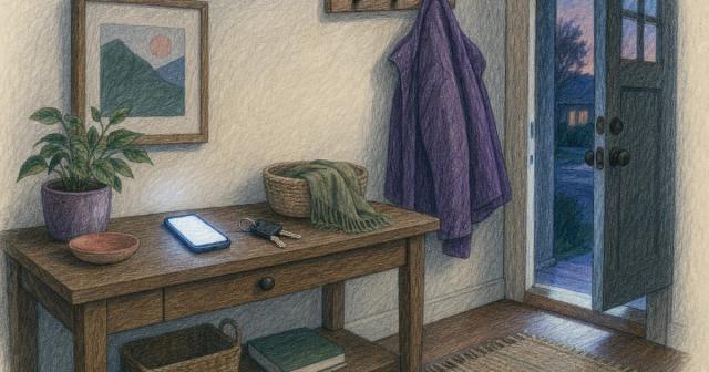 Dim entryway at dusk with grabbed keys, a lit phone, and door ajar