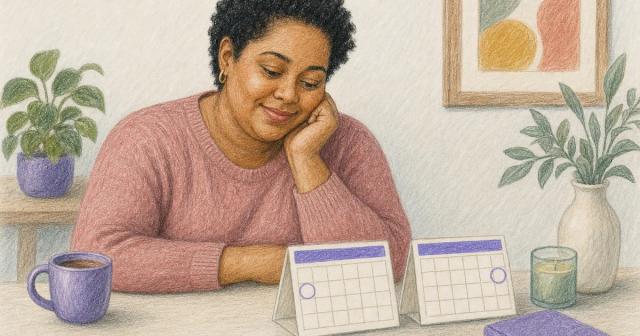 Two calendar cards side by side marking an early week and a much later one