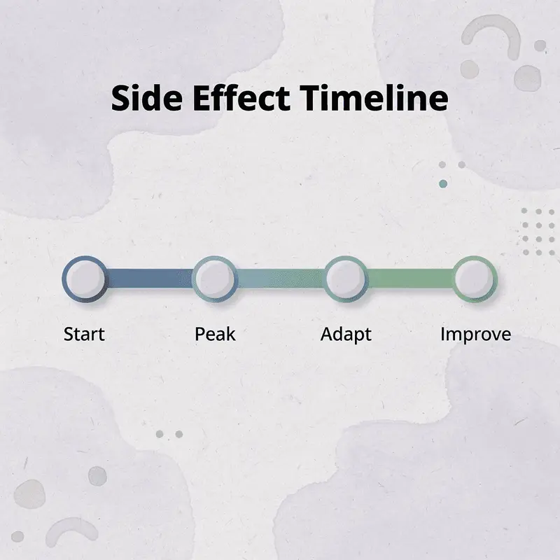 Timeline showing side effect progression from start to improvement