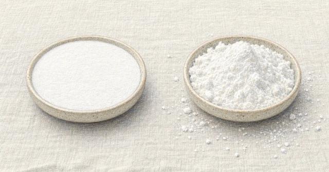 Two dishes of white powder, one level and even, one lumpy with grains spilled