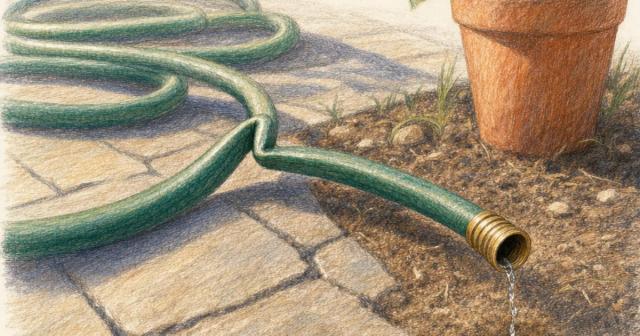 Kinked garden hose on patio tiles with only a thin trickle of water reaching dry soil
