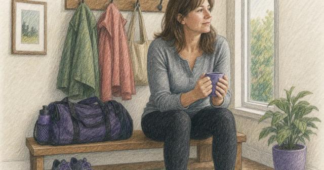 Woman sitting with a warm mug on an entryway bench beside a packed gym bag