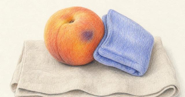 A peach with a small purple bruise beside a folded cool compress on linen