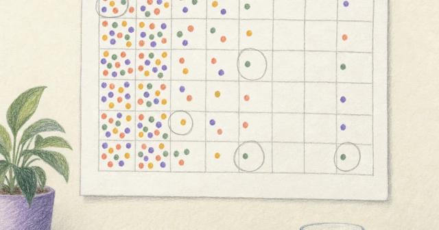 Blank wall calendar grid with colored dots thinning out across the weeks