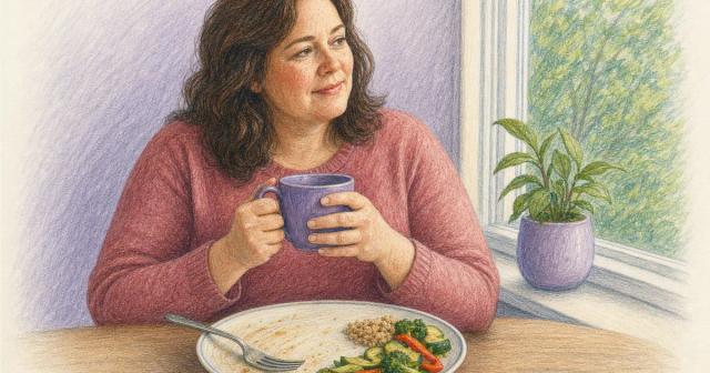 Woman by a window with a warm drink, her plate's protein eaten first