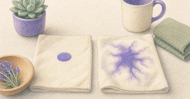 One contained color drop beside one spreading drop on two cloths