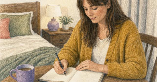 Person writing in a blank notebook by lamplight, phone face-down beside them