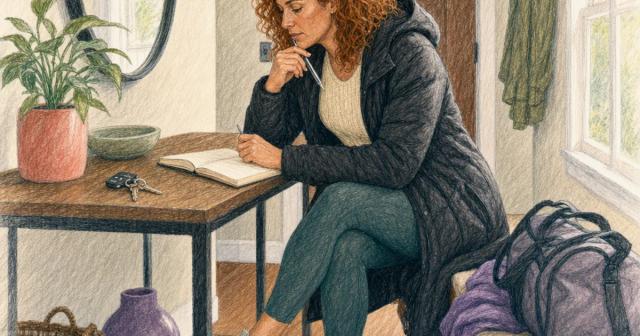 Woman on an entryway bench beside a packed gym bag, writing in a small notebook
