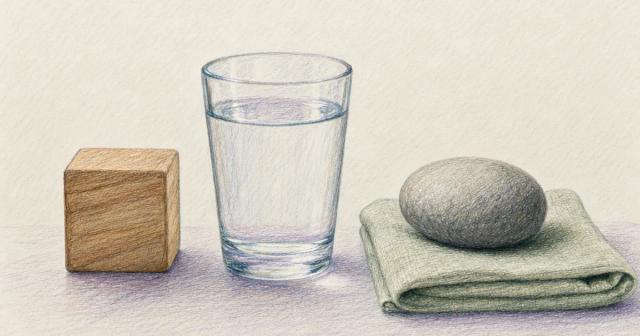 Still life of a wooden calendar block, a glass of water, and a smooth stone on folded linen