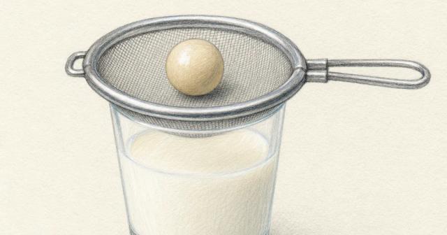 Oversized bead caught on a fine sieve above a glass of milk, tiny grains fallen through