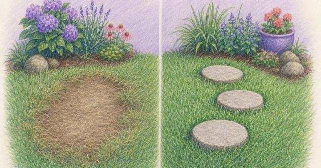 A worn bare patch of lawn beside three spaced stepping stones on healthy grass