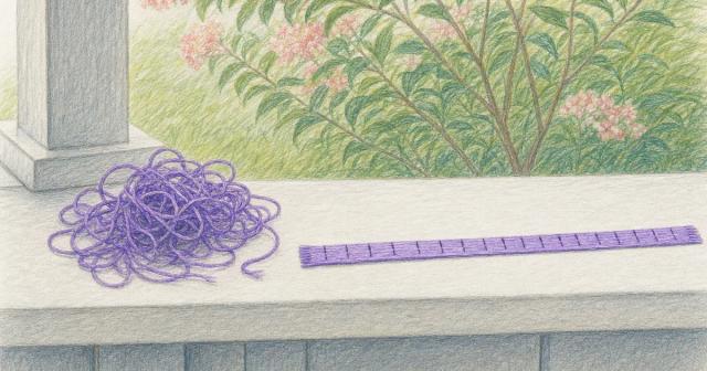 Tangled thread resolving into one straight tick-marked ribbon