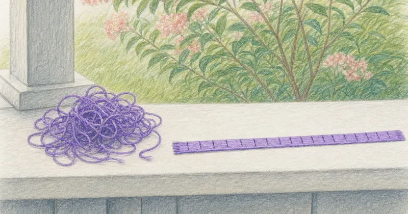 Tangled thread resolving into one straight tick-marked ribbon