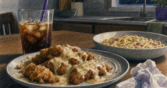 Untouched platter of fried food, creamy pasta and a sugary drink pushed aside on a table