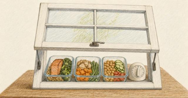 Open kitchen window on a table with three prepped meal containers and a timer passing through it