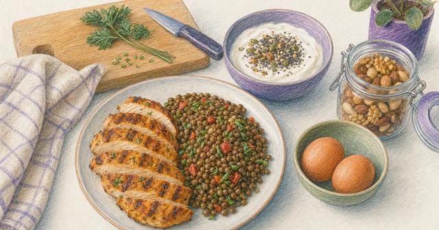 Overhead view of protein-rich foods arranged on a kitchen counter during meal prep