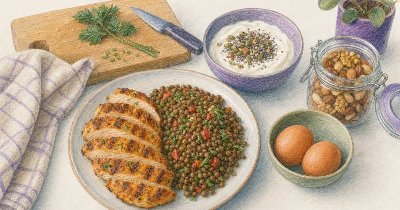 Overhead view of protein-rich foods arranged on a kitchen counter during meal prep