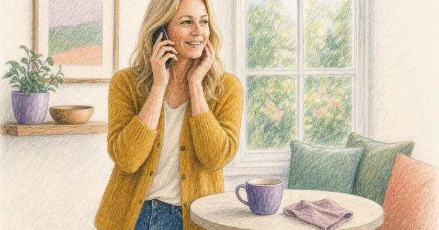 Woman standing at a sunlit breakfast nook table, on the phone, one hand touching her cheek