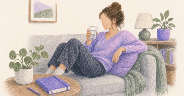 Woman resting calmly at home with water and a journal nearby